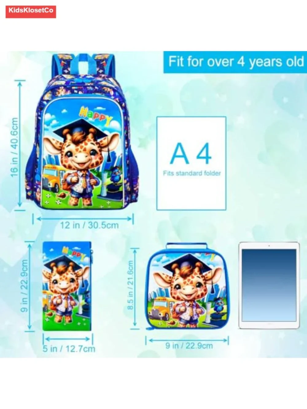 Kids Backpack Set with Lunch Box and Pencil Bag, Water Resistant School Bag